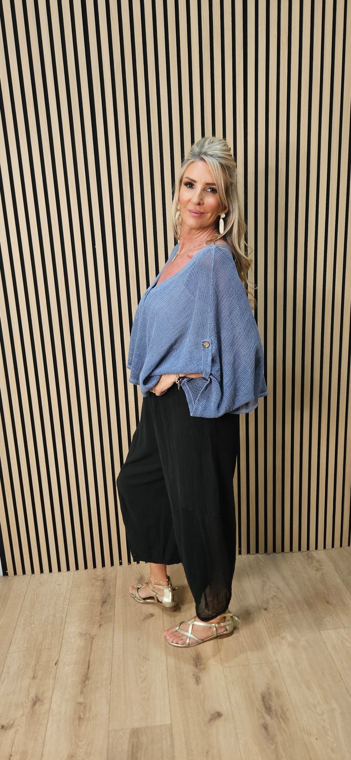 Linen Blend Button Detail Cardigan – Denim Blue