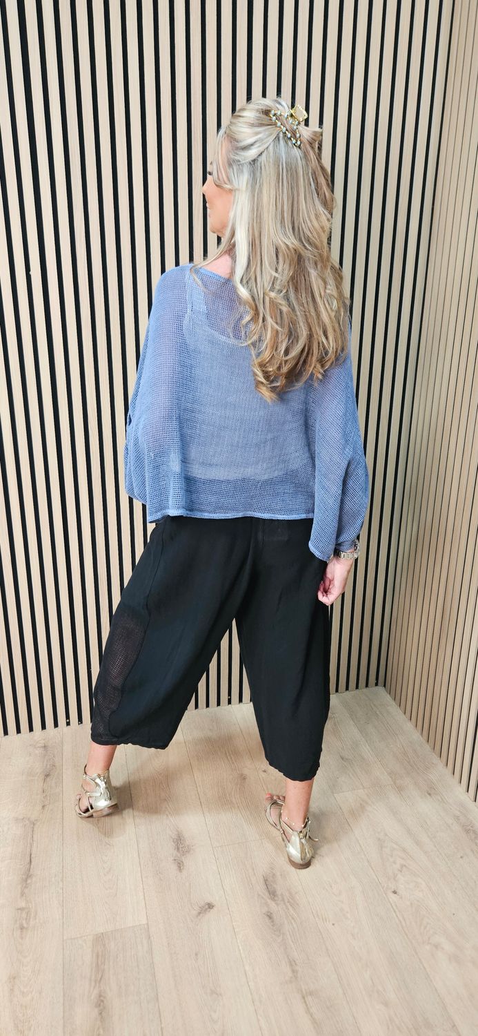 Linen Blend Button Detail Cardigan – Denim Blue