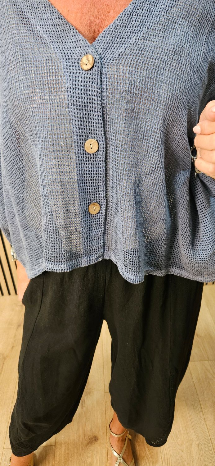 Linen Blend Button Detail Cardigan – Denim Blue