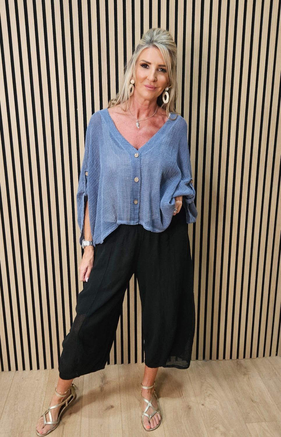 Linen Blend Button Detail Cardigan – Denim Blue