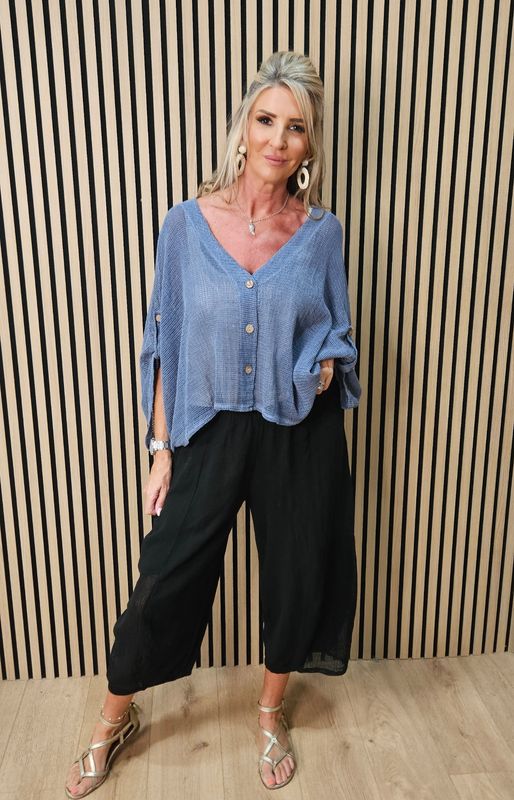 Linen Blend Button Detail Cardigan – Denim Blue