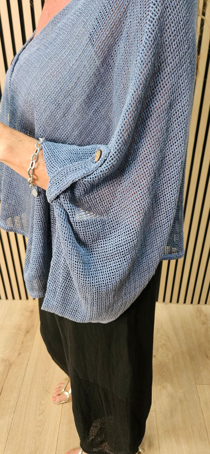 Linen Blend Button Detail Cardigan – Denim Blue