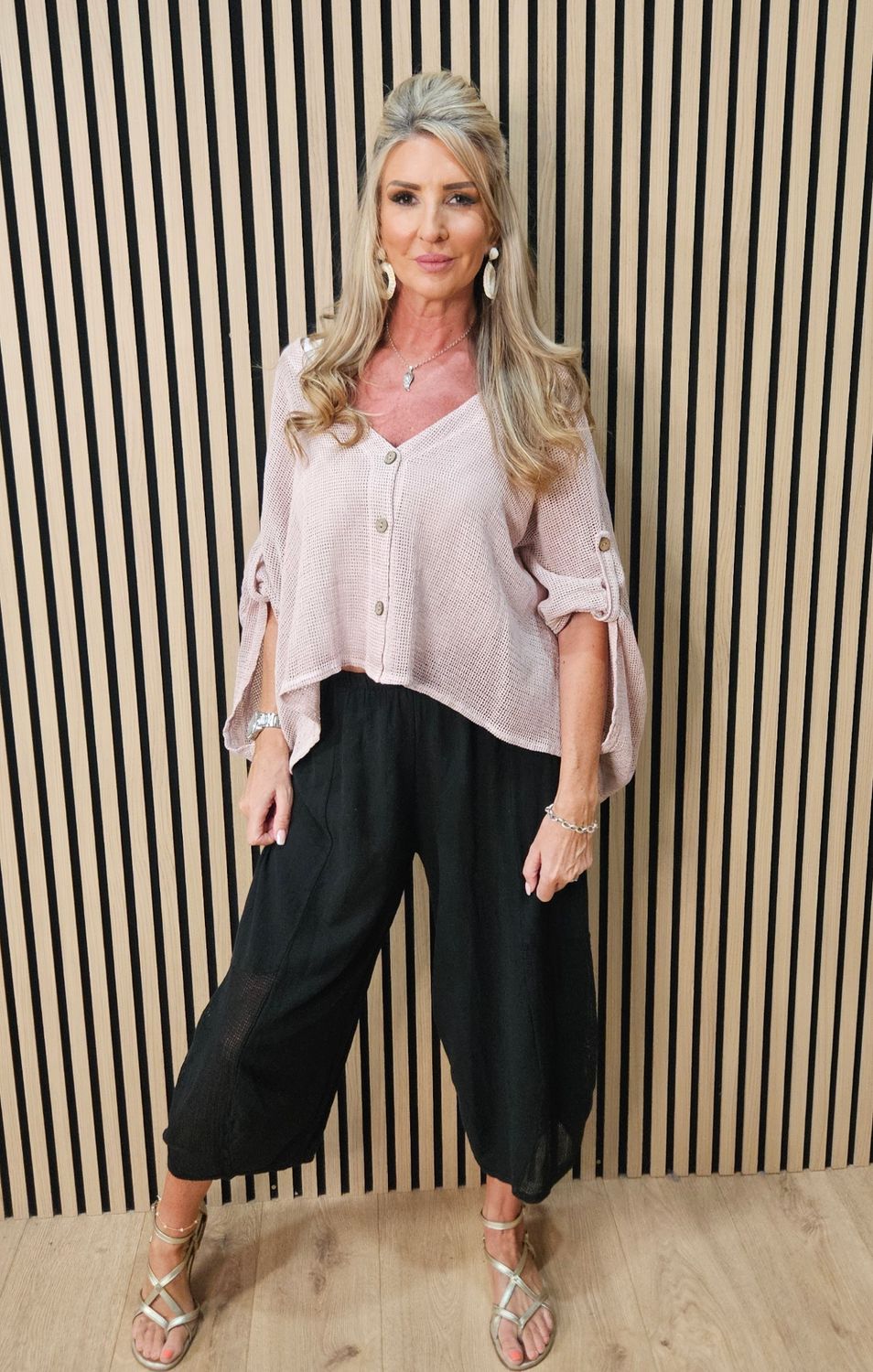 Linen Blend Button Detail Cardigan – Dusky Pink