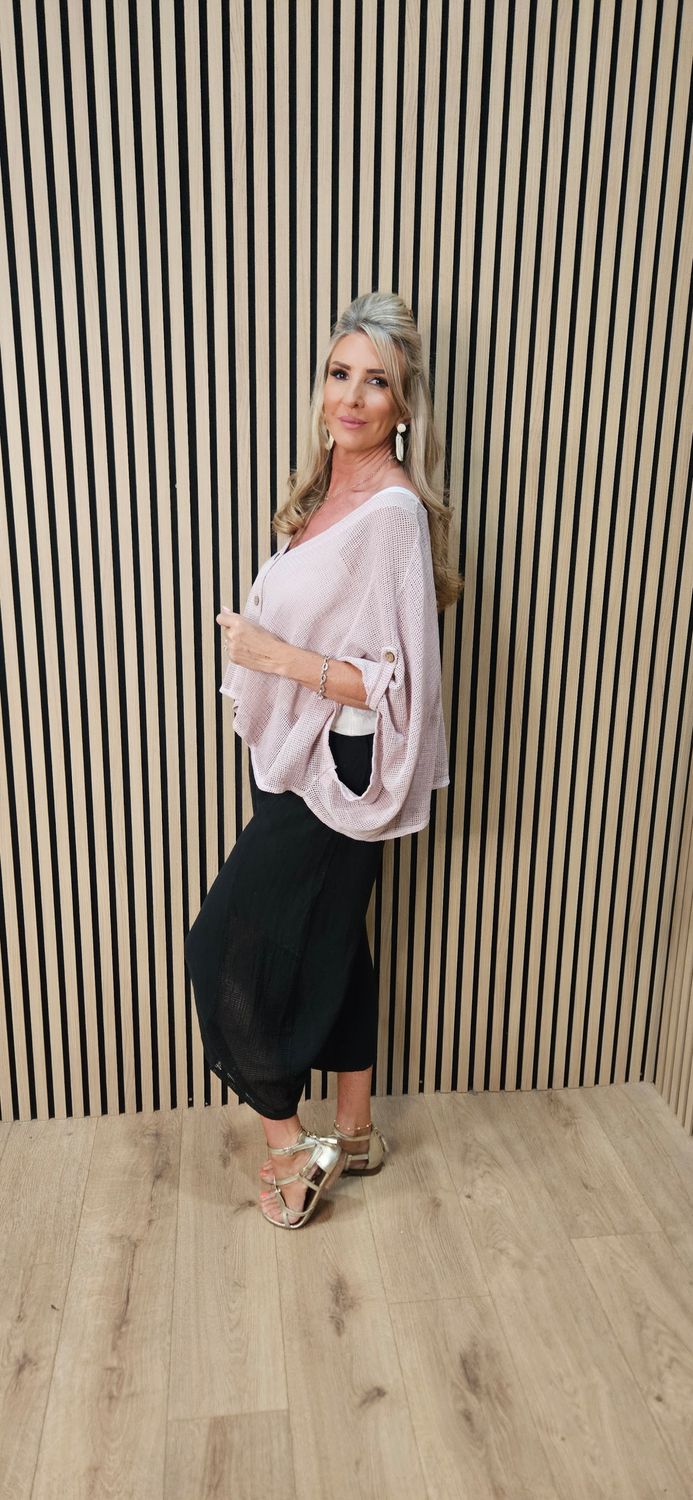 Linen Blend Button Detail Cardigan – Dusky Pink