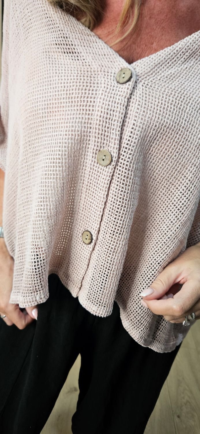 Linen Blend Button Detail Cardigan – Dusky Pink