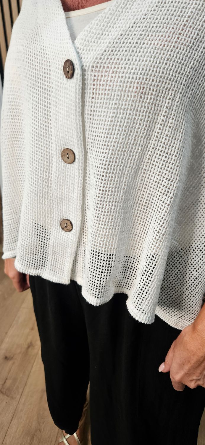Linen Blend Button Detail Cardigan – White