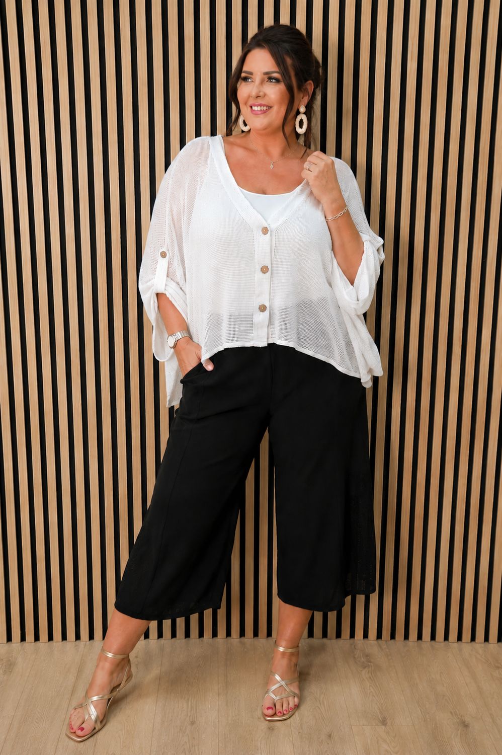 Linen Blend Button Detail Cardigan – White