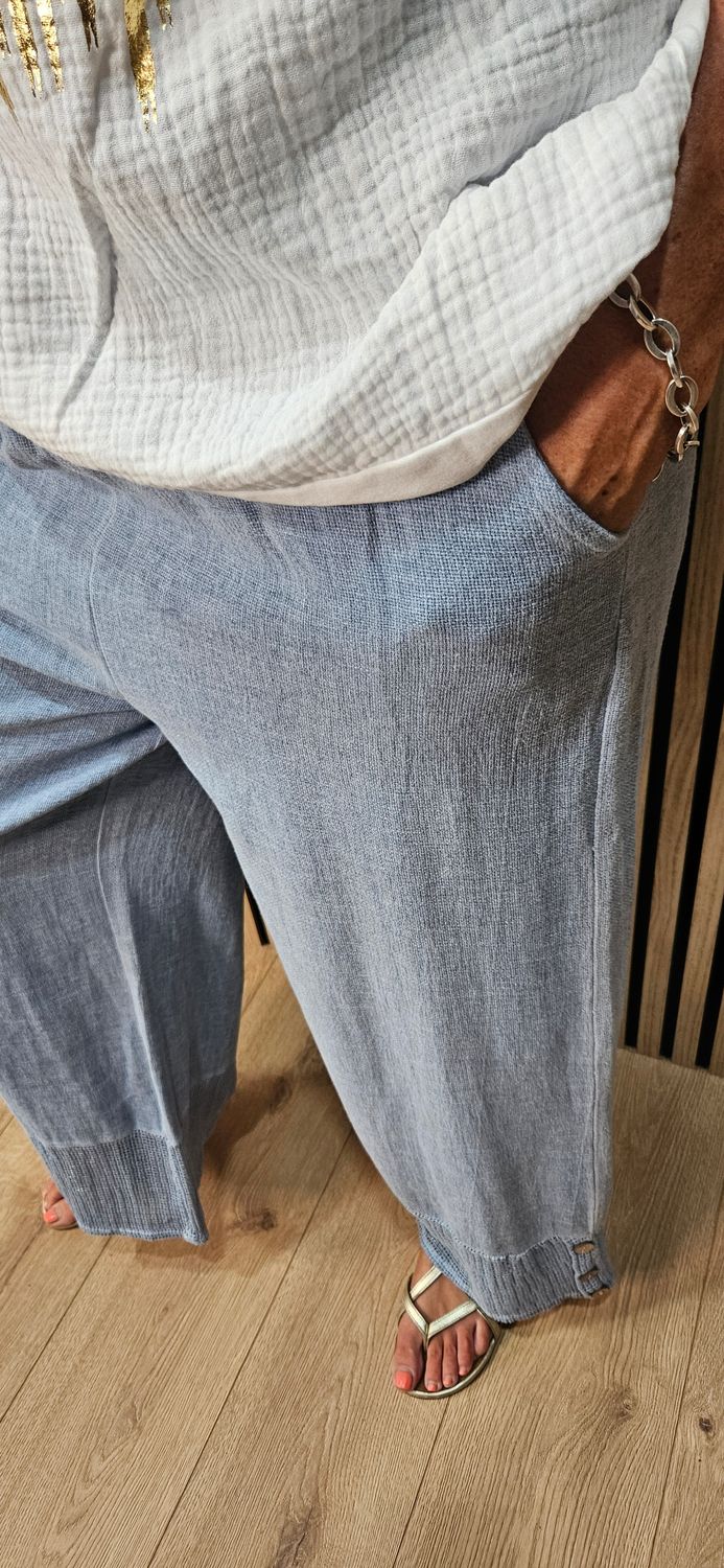 Linen Blend Wide Leg Trousers – Blue