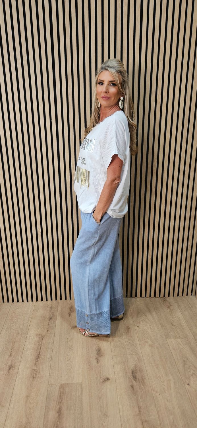 Linen Blend Wide Leg Trousers – Blue