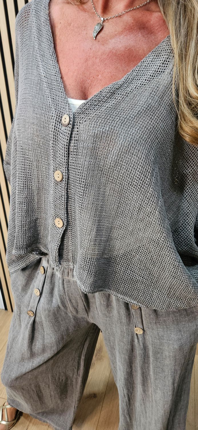 Linen Blend Button Detail Cardigan – Mocha