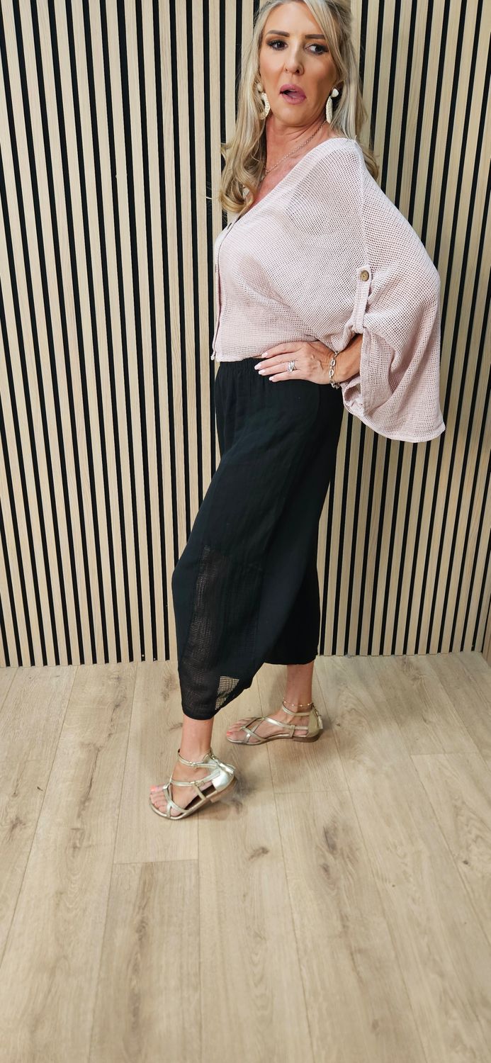 Linen Blend Wide Leg Trousers – Black