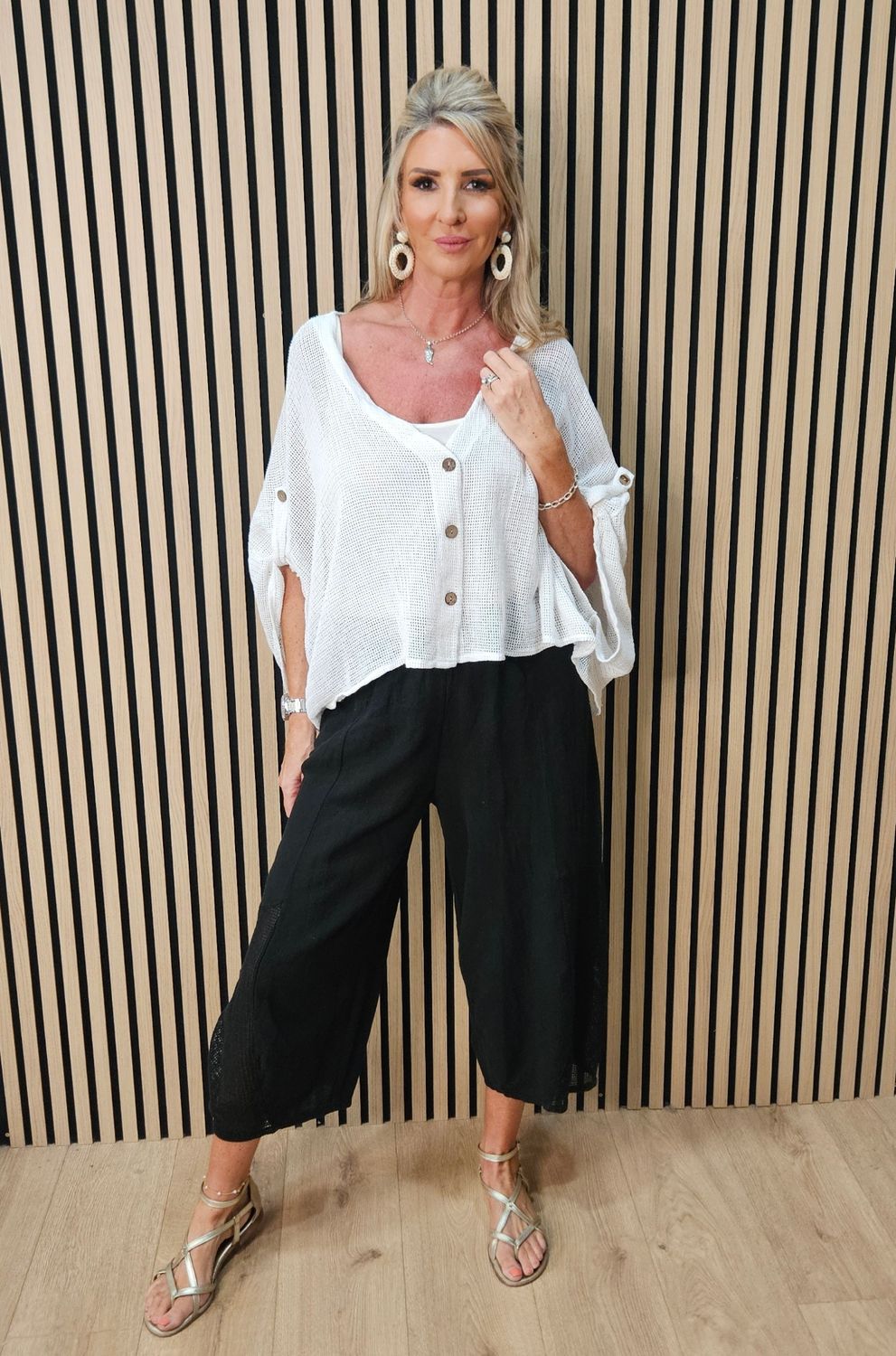 Linen Blend Wide Leg Trousers – Black