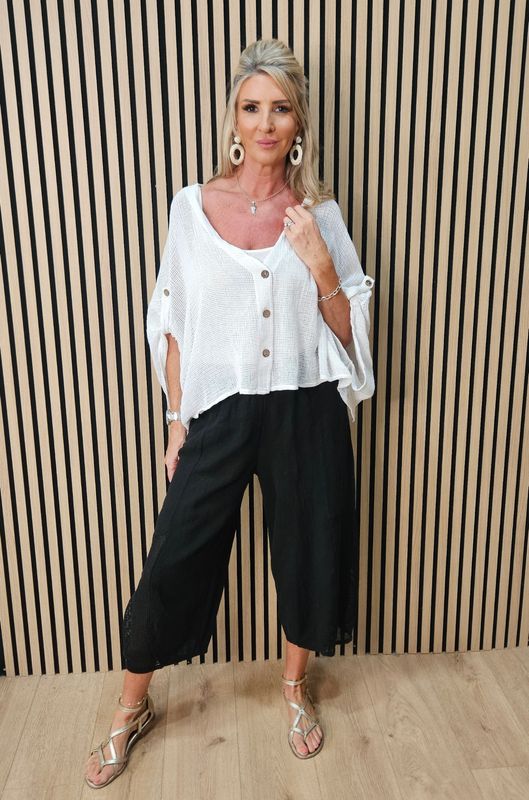 Linen Blend Wide Leg Trousers – Black