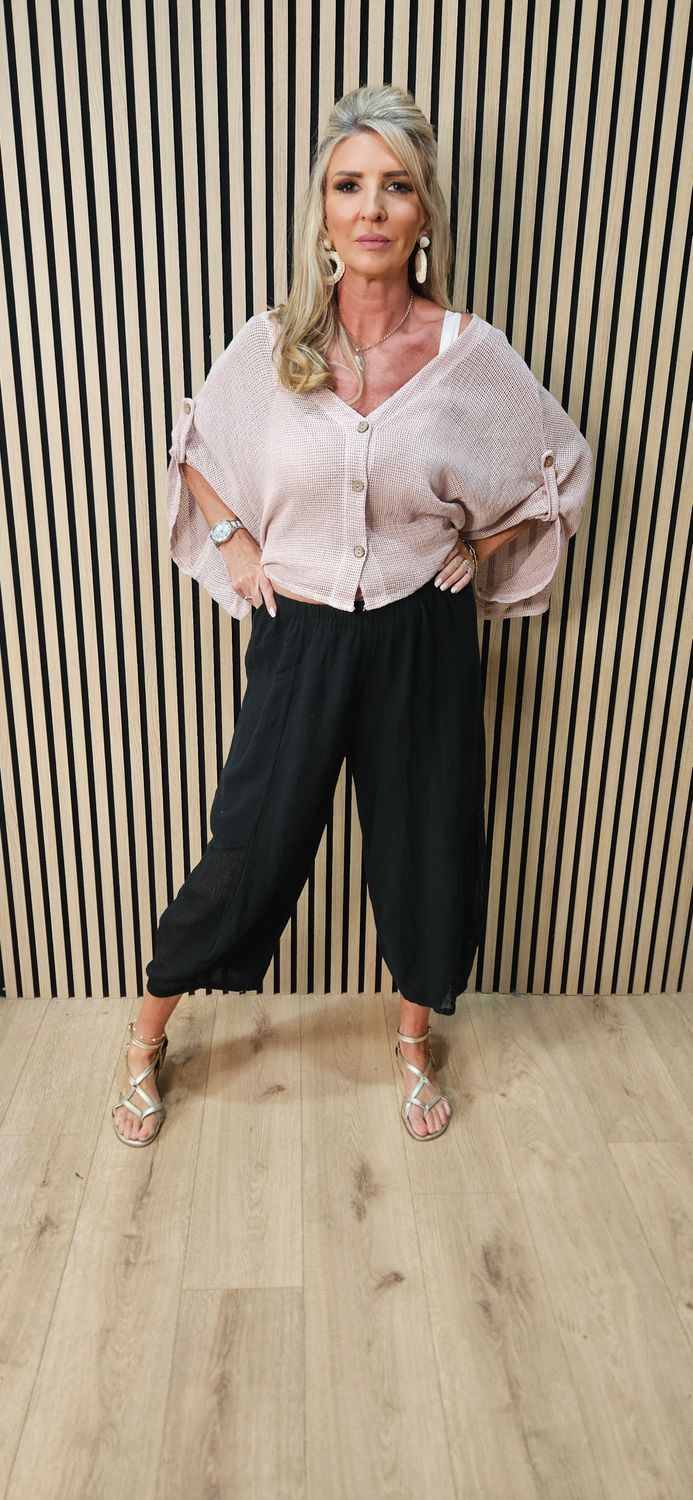 Linen Blend Wide Leg Trousers – Black