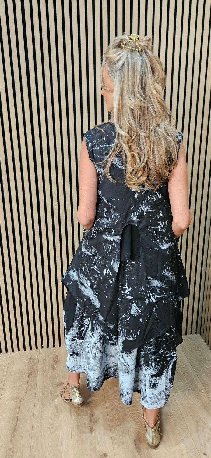 Abstract Print Cotton Dress &amp; Waterfall Waistcoat Set