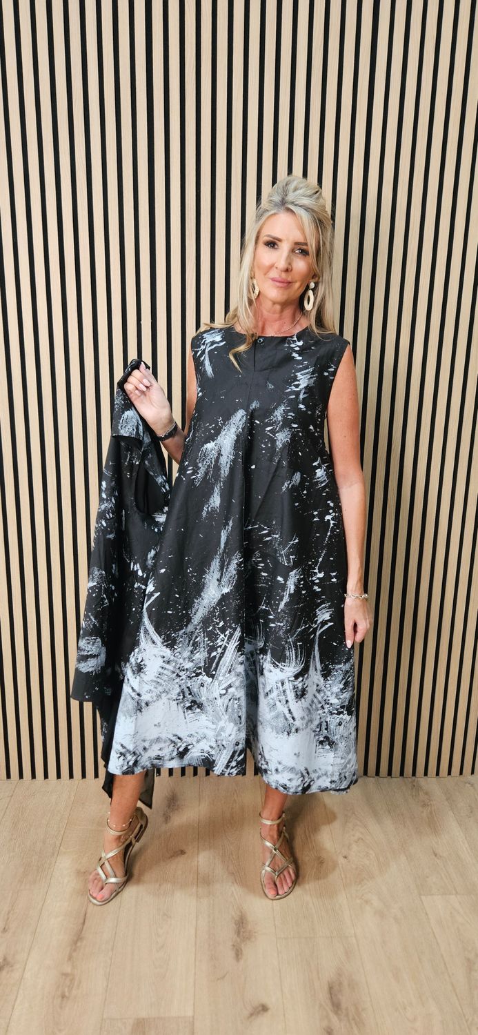 Abstract Print Cotton Dress &amp; Waterfall Waistcoat Set