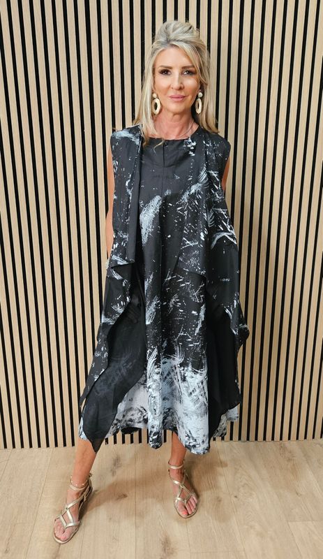 Abstract Print Cotton Dress &amp; Waterfall Waistcoat Set