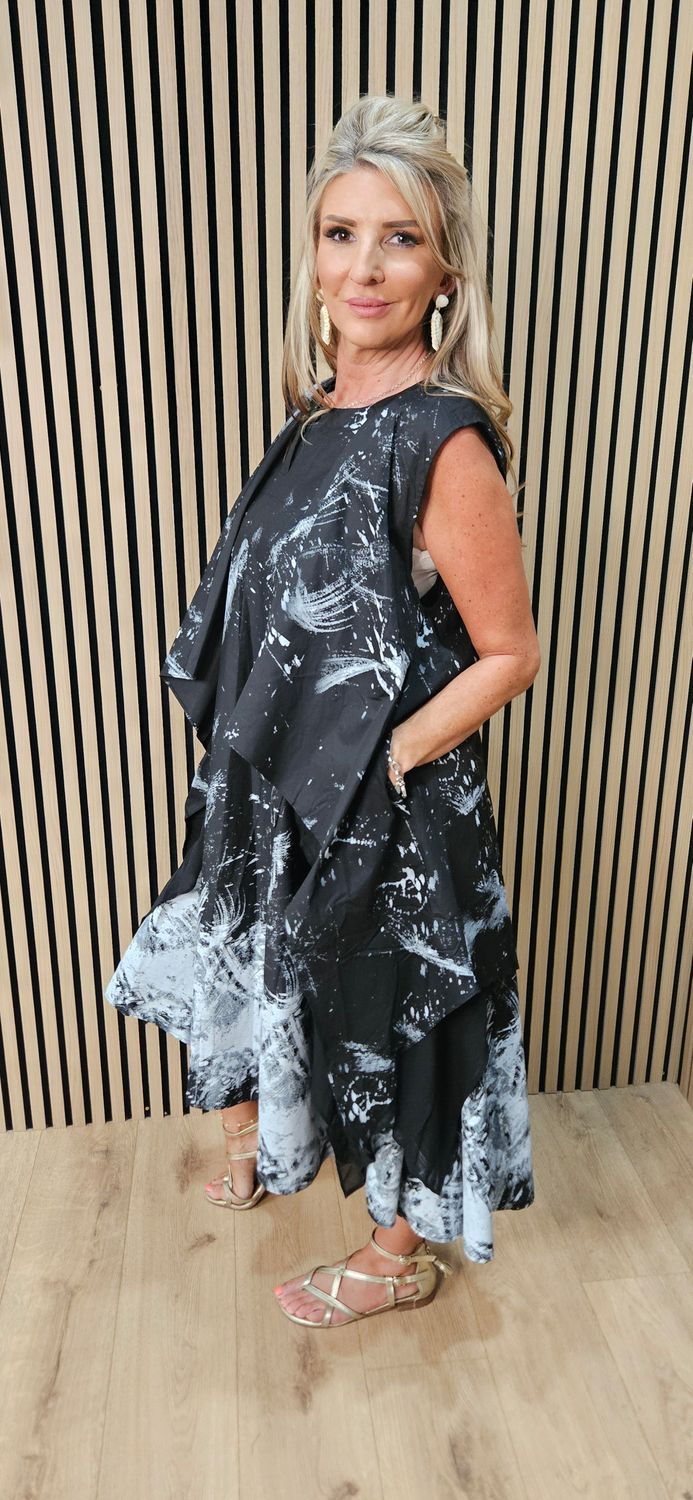 Abstract Print Cotton Dress &amp; Waterfall Waistcoat Set