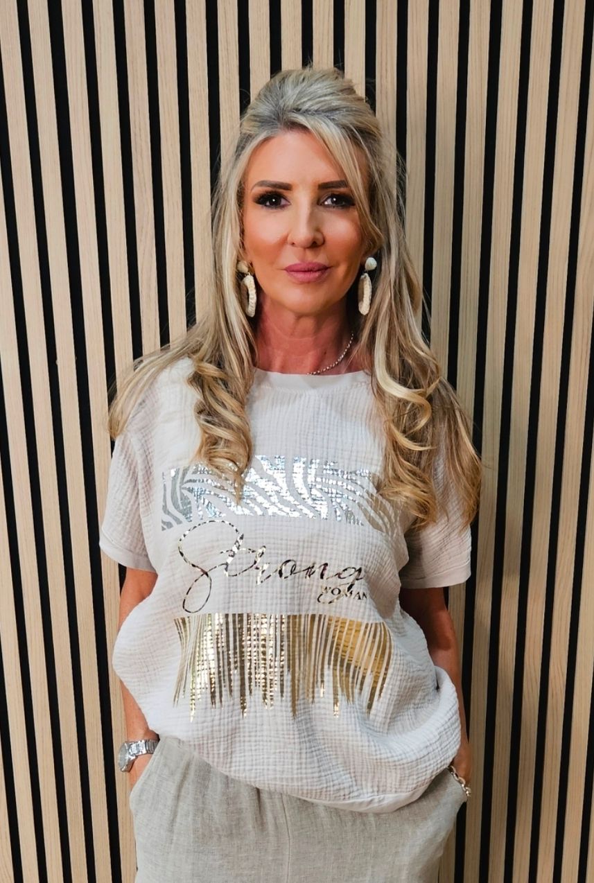 Metallic Foil Slogan T-Shirt – Beige