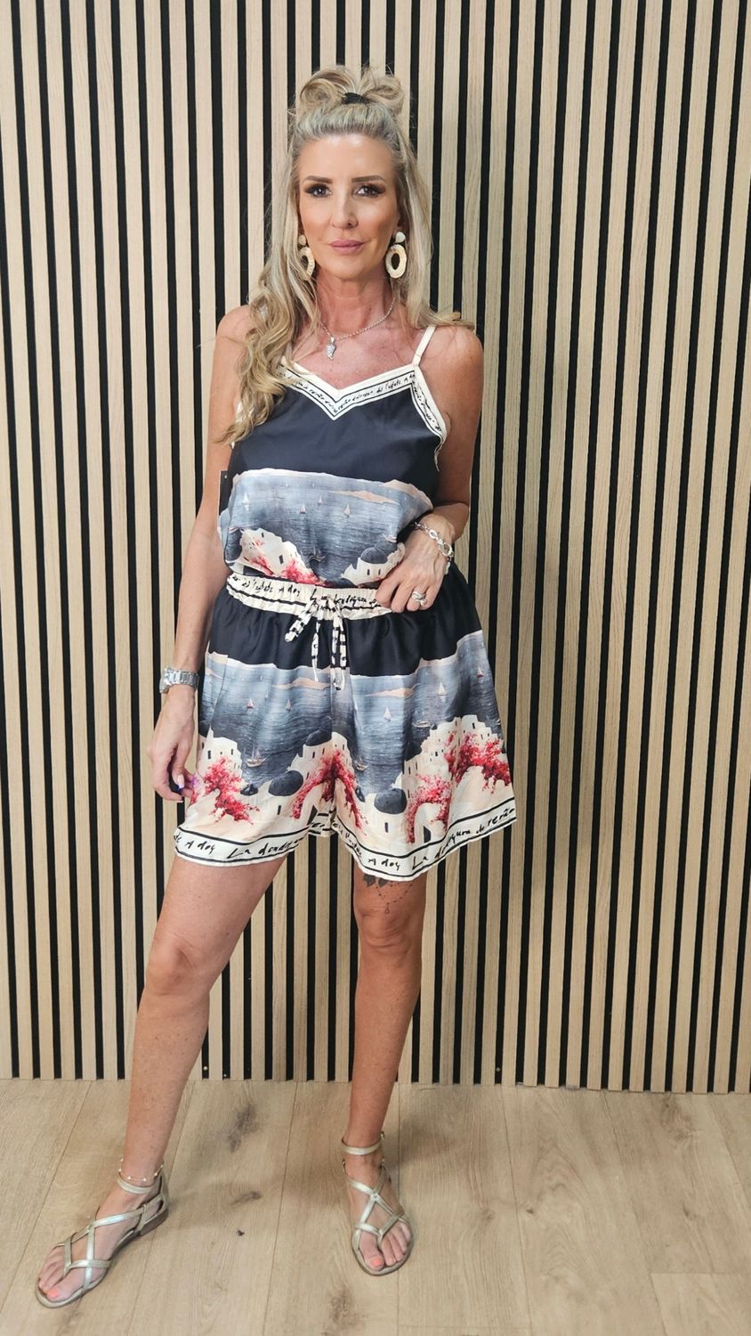 Côte d'Azur Print Camisole &amp; Shorts Co-Ord Set  - Black