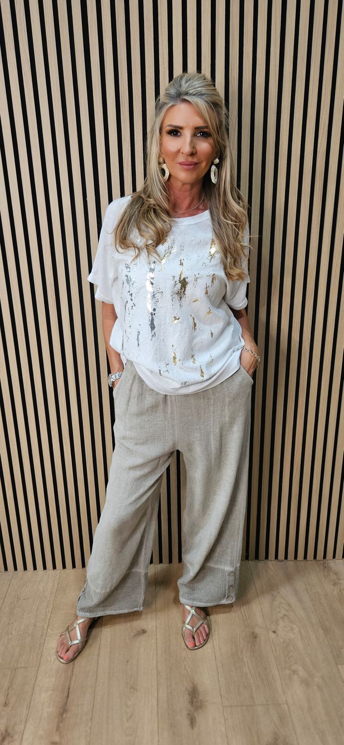 Metallic Foil Linen Blend T-Shirt – White