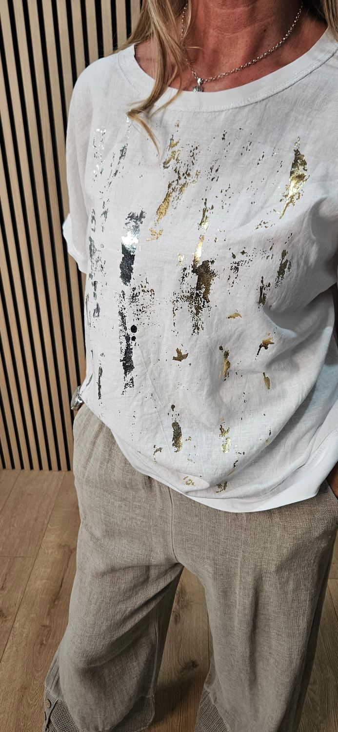 Metallic Foil Linen Blend T-Shirt – White