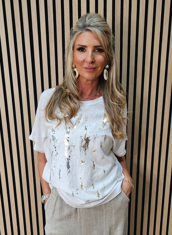 Metallic Foil Linen Blend T-Shirt – White Metallic Foil Linen Blend T-Shirt – White