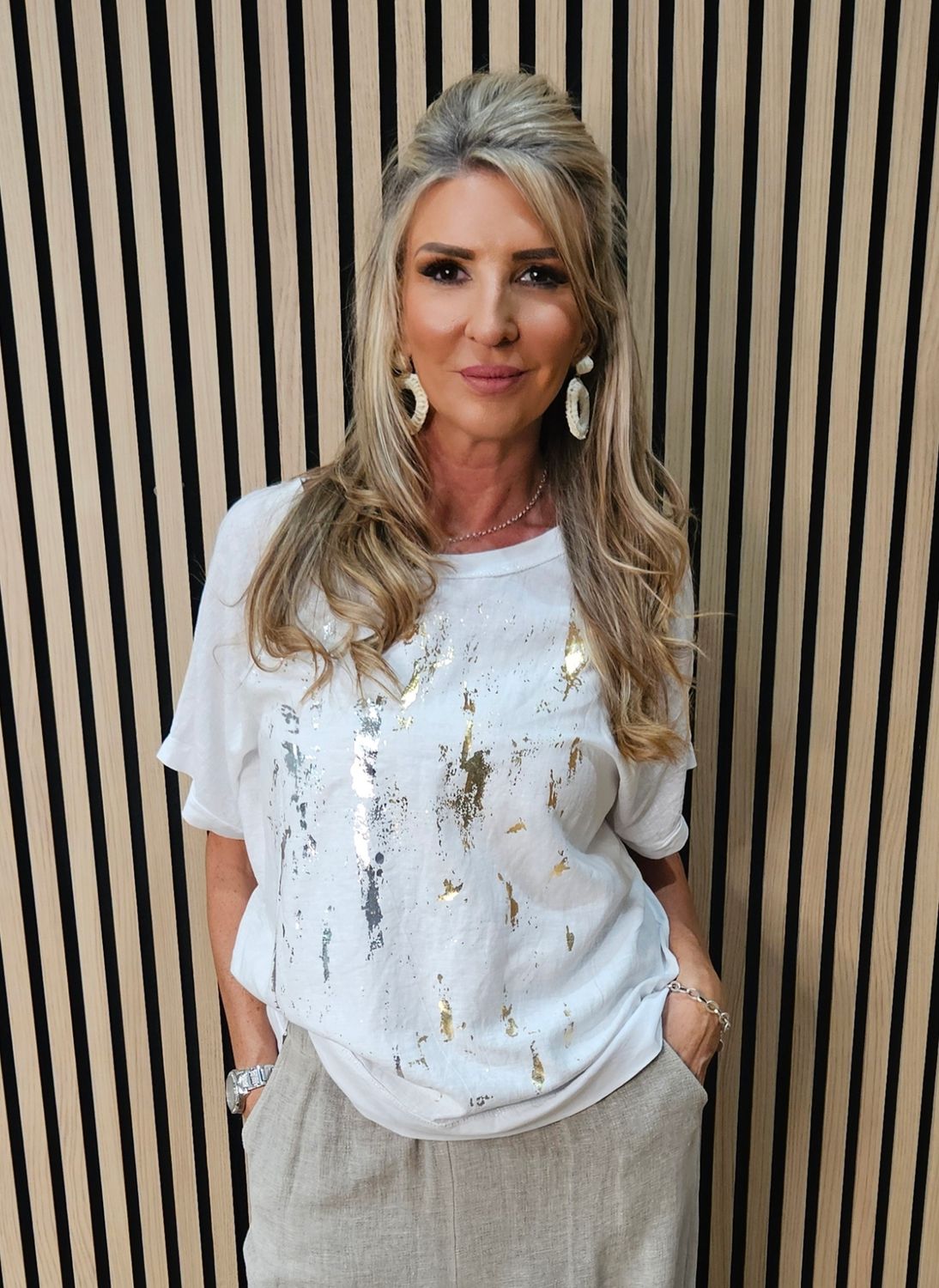 Metallic Foil Linen Blend T-Shirt – White