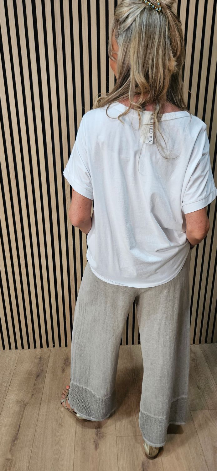 Metallic Foil Linen Blend T-Shirt – White