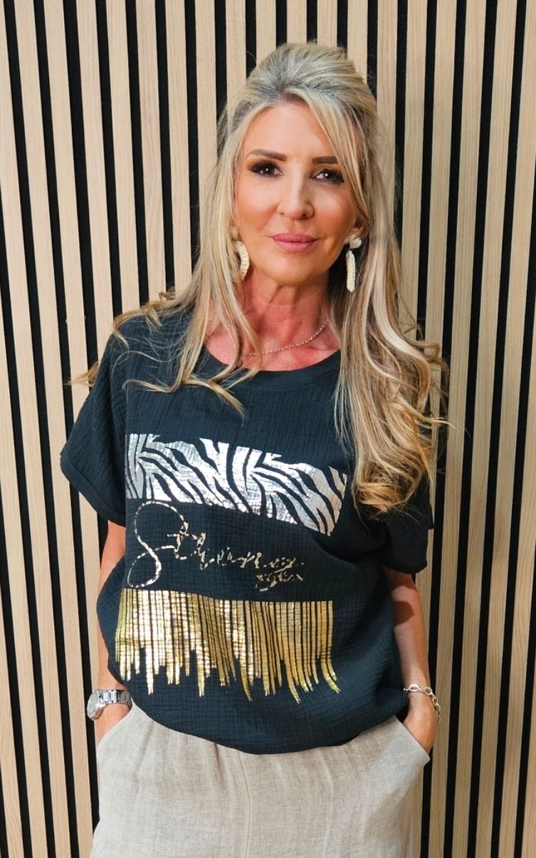 Metallic Foil Slogan Cotton T-Shirt – Black