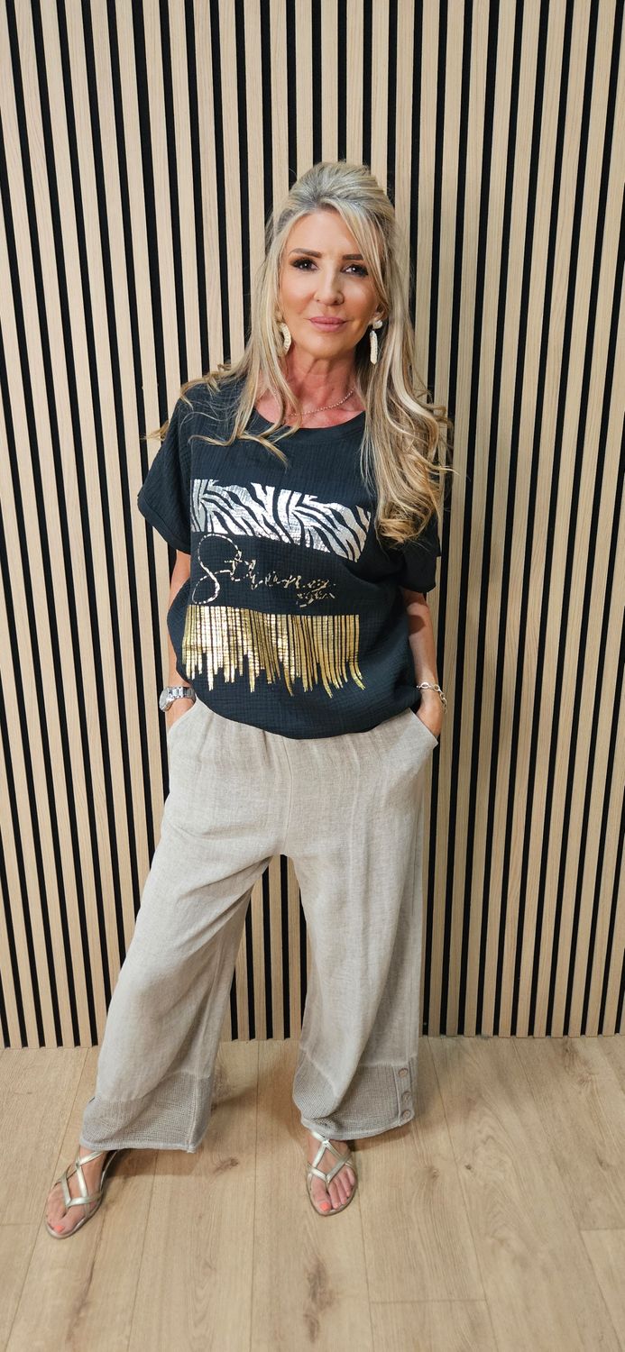 Metallic Foil Slogan Cotton T-Shirt – Black