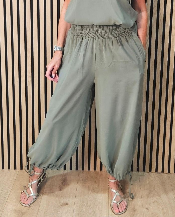 Shirred Waist Tie Hem Trousers – Khaki
