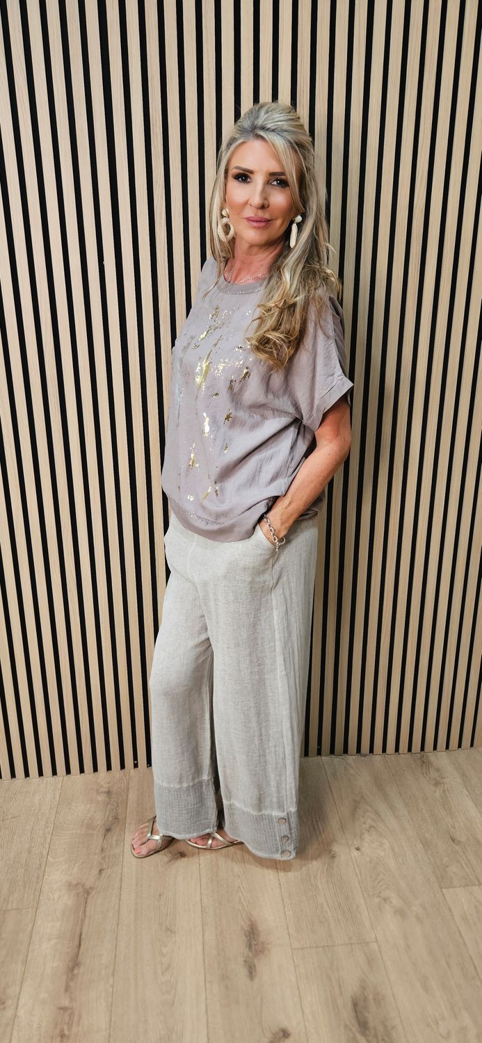 Metallic Foil Linen Blend T-Shirt – Taupe