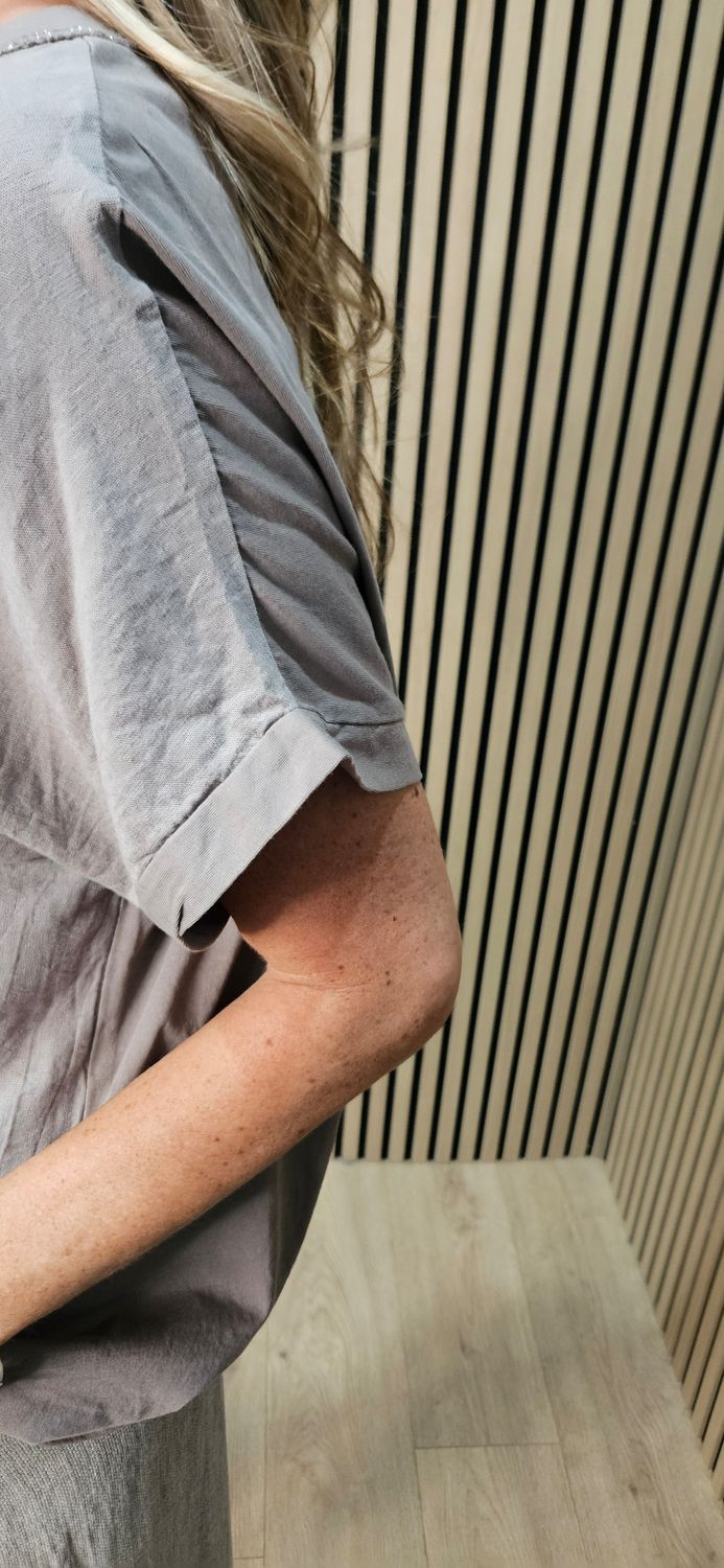 Metallic Foil Linen Blend T-Shirt – Taupe