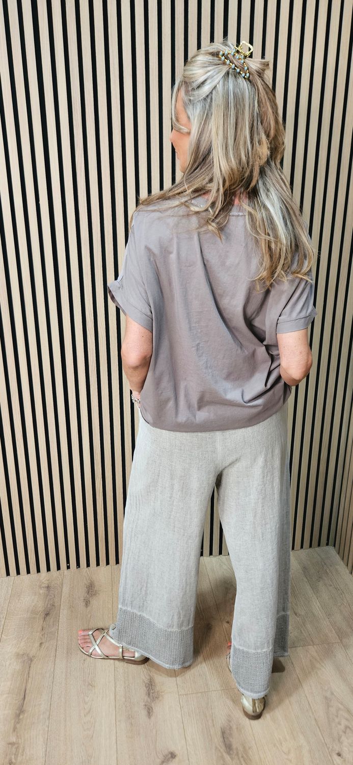Metallic Foil Linen Blend T-Shirt – Taupe