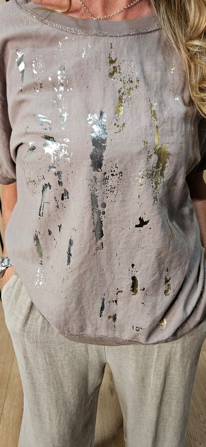 Metallic Foil Linen Blend T-Shirt – Taupe