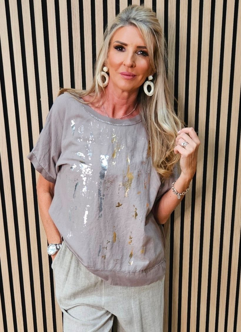 Metallic Foil Linen Blend T-Shirt – Taupe