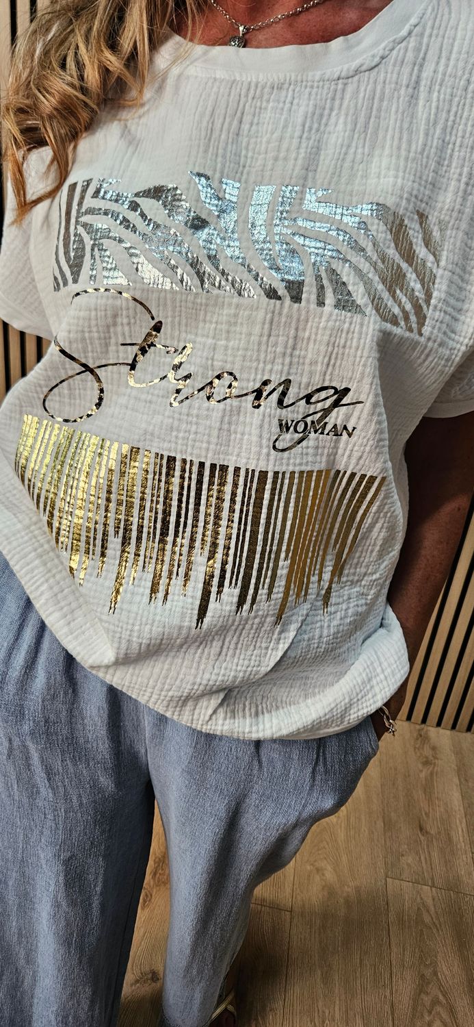 Metallic Foil Slogan T-Shirt – White