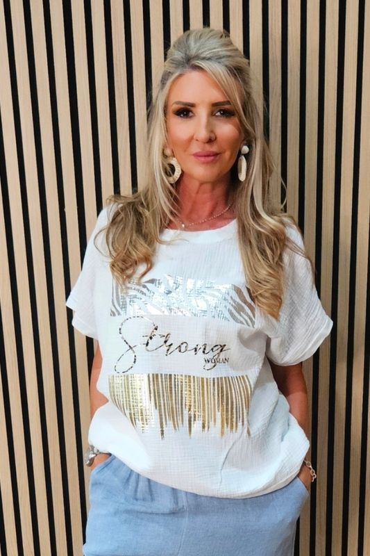 Metallic Foil Linen Blend T-Shirt – White Metallic Foil Linen Blend T-Shirt – White