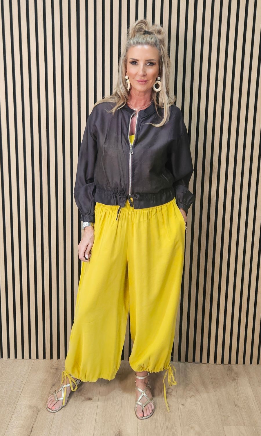 Shirred Waist Tie Hem Trousers – Mustard