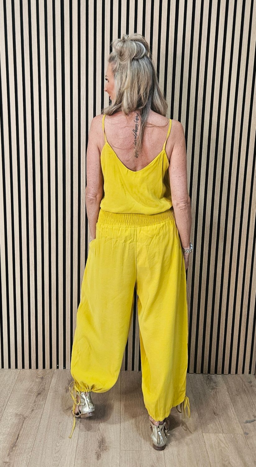 Shirred Waist Tie Hem Trousers – Mustard
