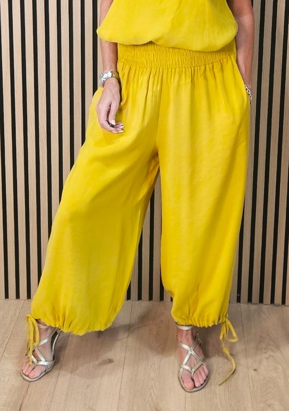Shirred Waist Tie Hem Trousers – Mustard Shirred Waist Tie Hem Trousers – Mustard