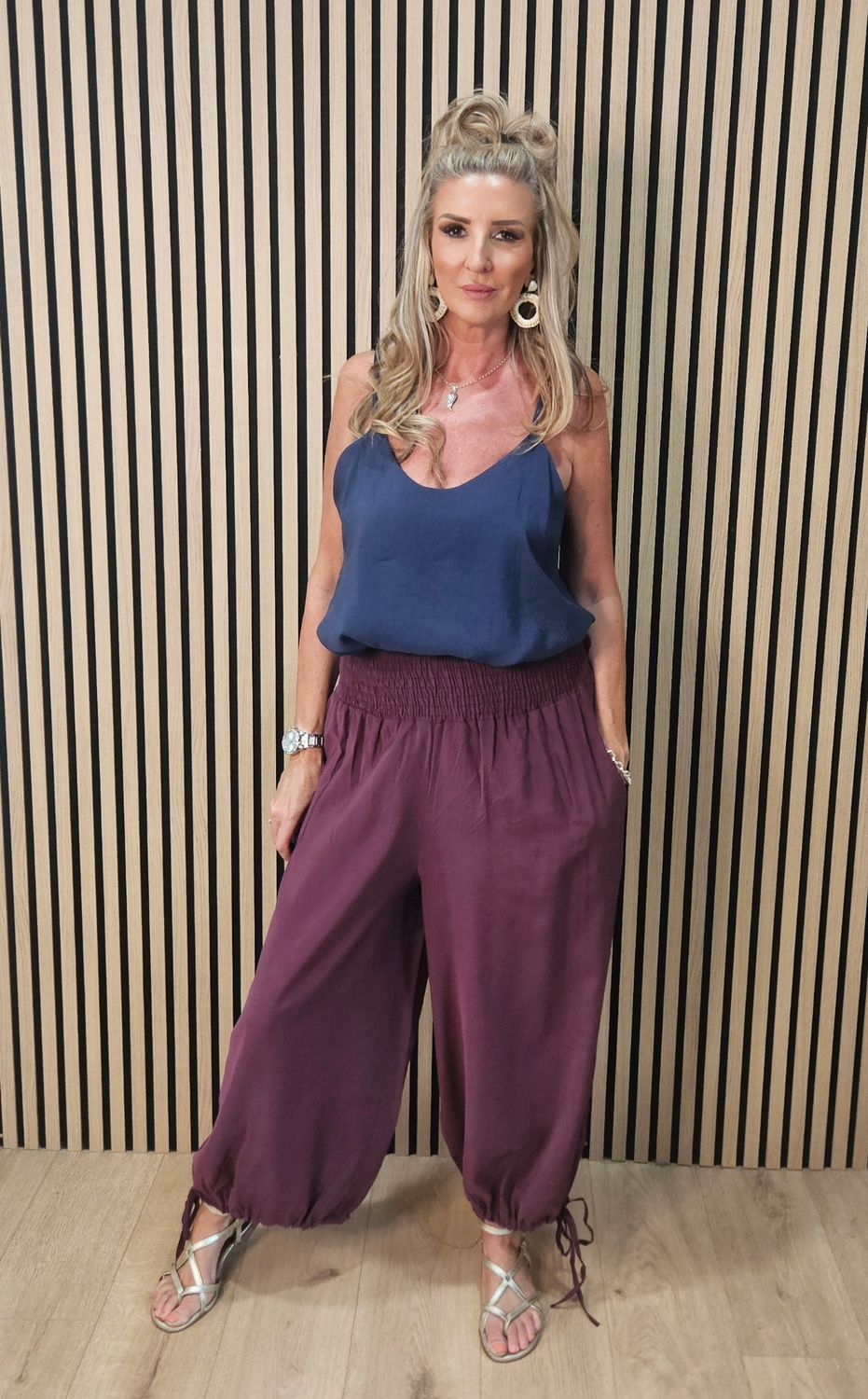 Shirred Waist Tie Hem Trousers – Oxblood