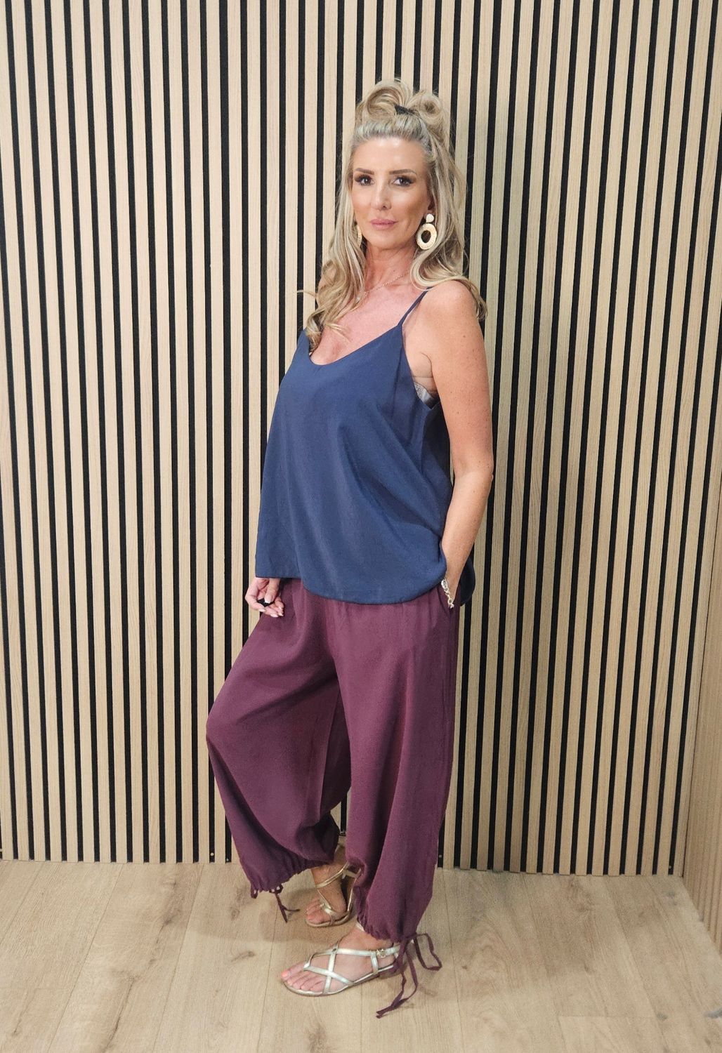 Shirred Waist Tie Hem Trousers – Oxblood
