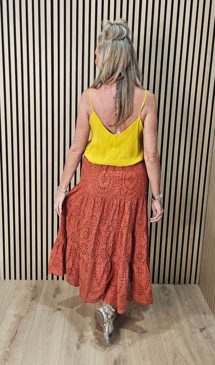 Broderie Anglaise Cotton Maxi Skirt – Rust
