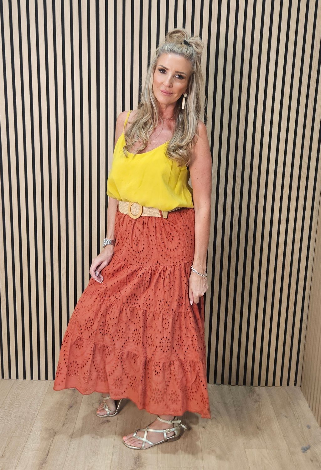 Broderie Anglaise Cotton Maxi Skirt – Rust