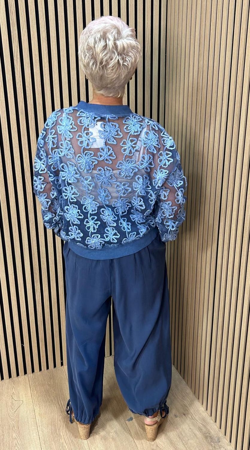 Embroidered Floral Mesh Bomber Jacket – Blue