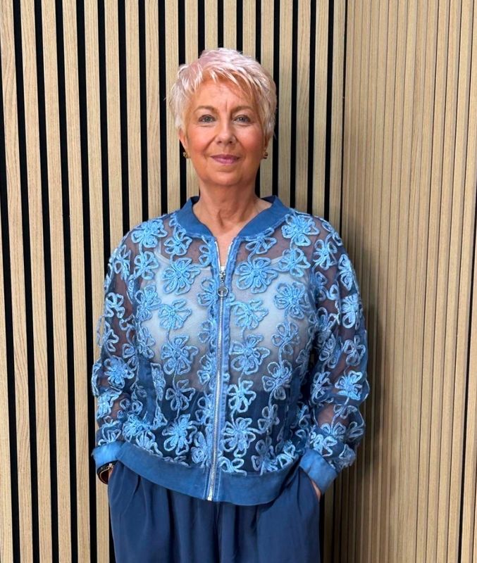 Embroidered Floral Mesh Bomber Jacket – Blue