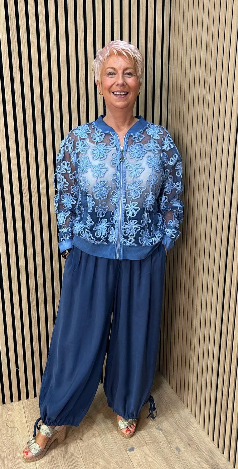 Embroidered Floral Mesh Bomber Jacket – Blue