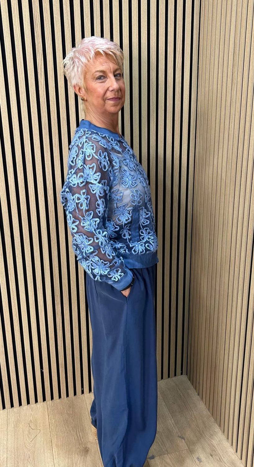 Embroidered Floral Mesh Bomber Jacket – Blue
